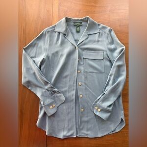 100% SILK LAUREN RALPH LAUREN pajama style blouse — slate blue — excellent cond
